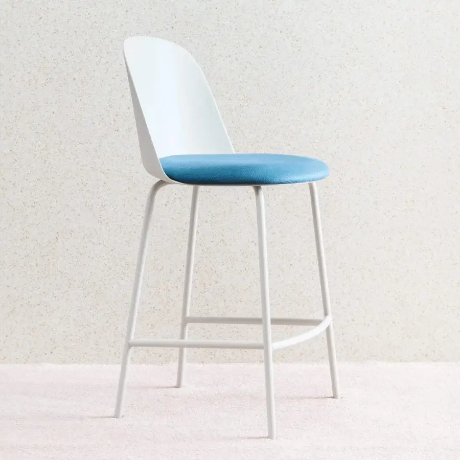 Distinguished Miniforms Mariolina stool with a comfortable blue textile cushion and crisp white polypropylene back