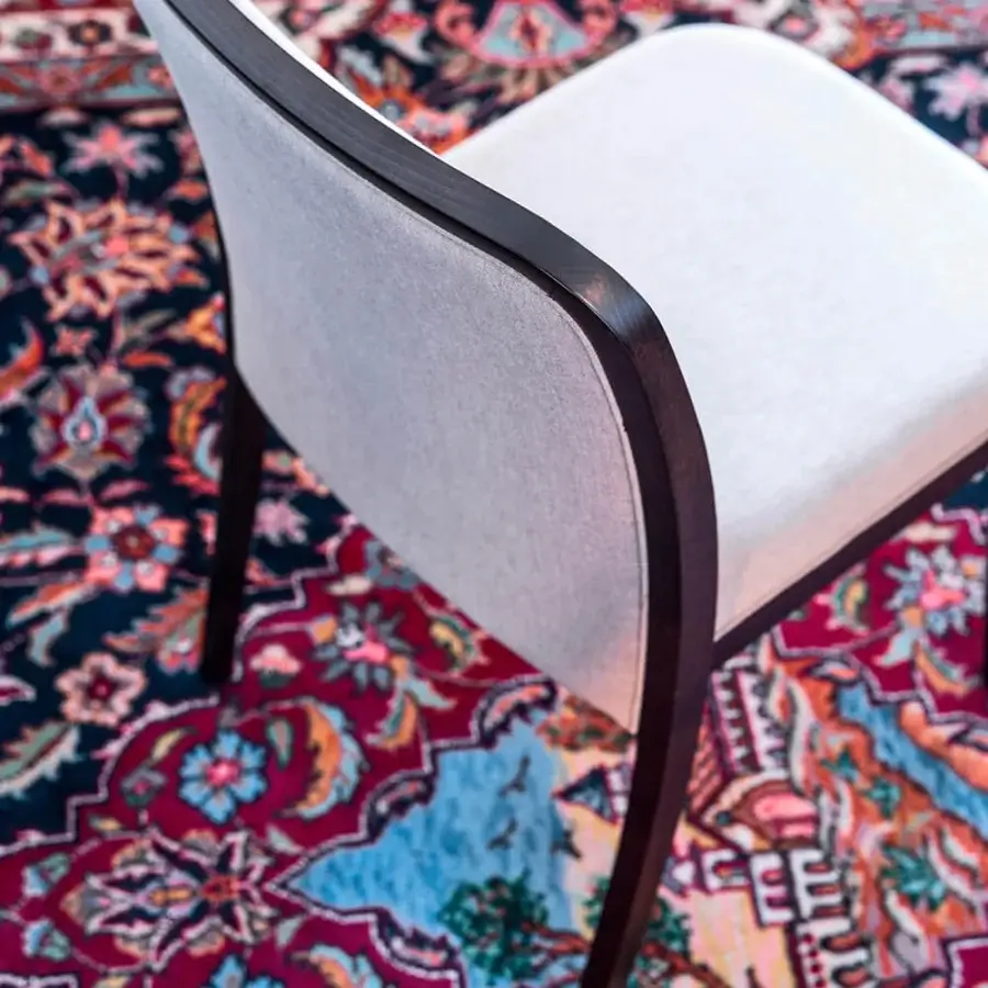 Elegant Bross Palace chair with light textile upholstery and dark-toned wooden frame built with curved and straight lines