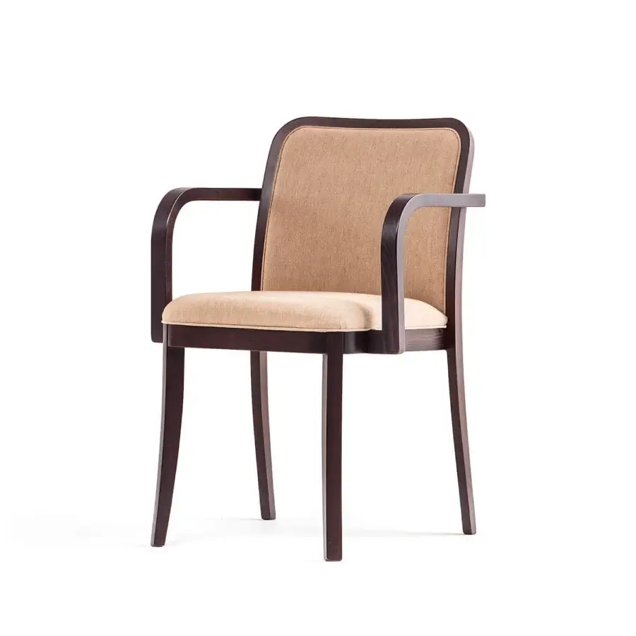 Elegant Bross Palace armchair with light tan textured fabric upholstery and dark brown wood finish