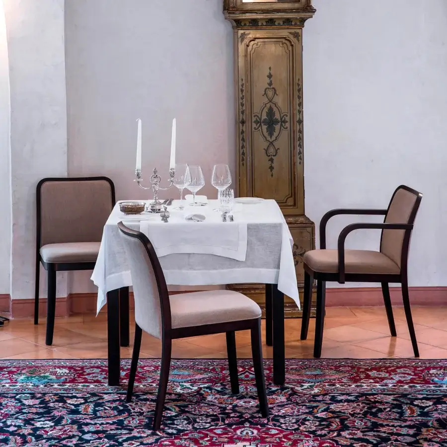 Superior Bross Palace armchair with beige fabric upholstery and dark brown wood structure crafted in Italy