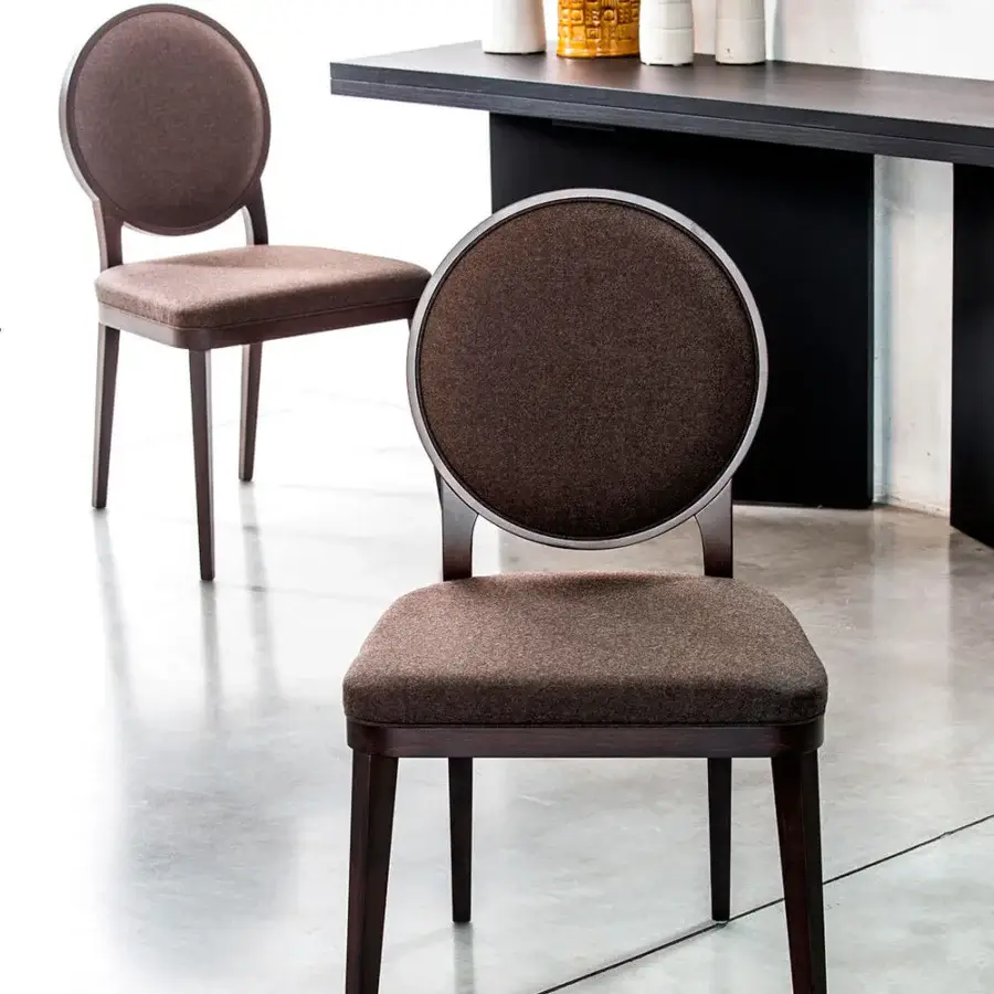 Superior Bross Plaza chair with dark-toned wood and premium brown textile upholstery crafted in Italy with metallic ring detail
