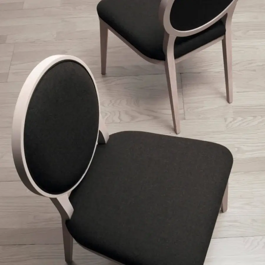 Exceptional Bross Plaza chair crafted in Italy with light-toned wood and premium dark fabric upholstery