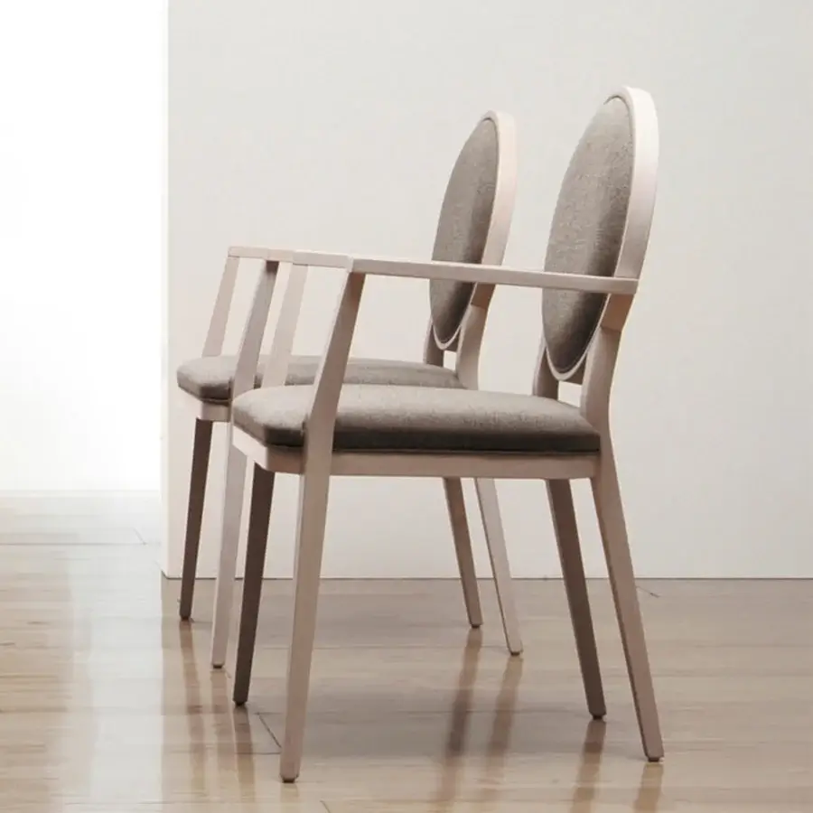 Exceptional Bross Plaza armchair built in Italy with light wood structure and uniform gray fabric upholstery