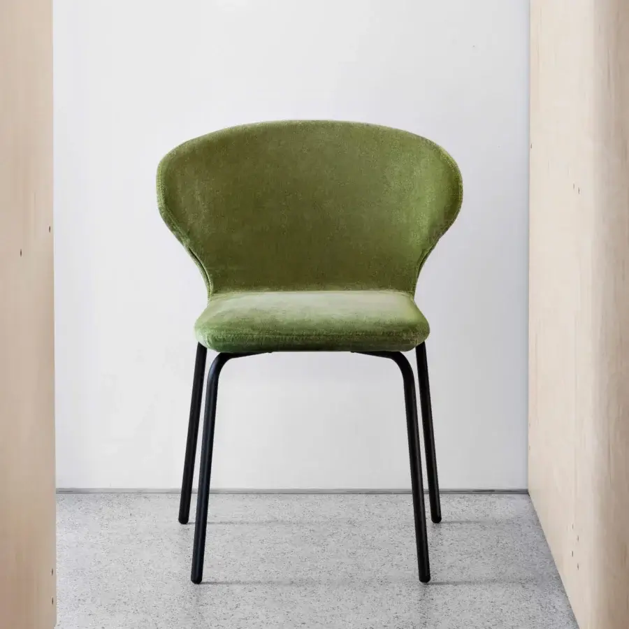 Superior Miniforms Mula Basic chair with olive green textile upholstery and angled black metal legs