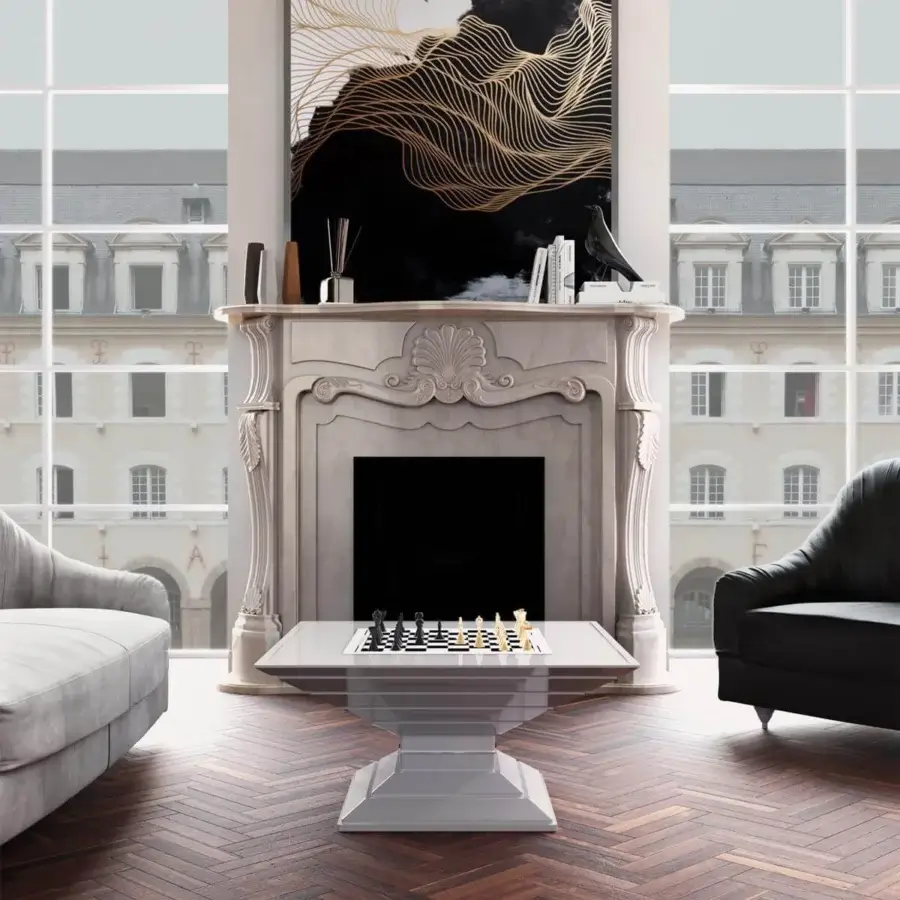 Distinguished Vismara Scaccomatto table crafted with ebony, Erable wood and mother-of-pearl inlays in glossy white lacquered structure