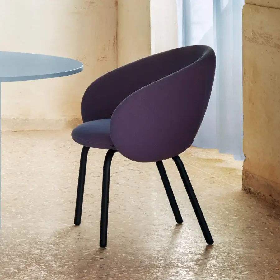 Superior Miniforms Nebula Tube chair upholstered in textured dark purple recyclable polyurethane with sleek matte black legs