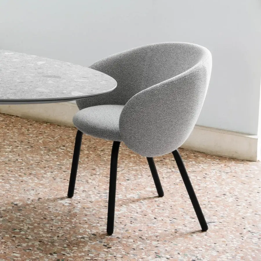 Distinguished Miniforms Nebula Tube chair upholstered in textured gray with sleek matte black metal legs crafted in Italy