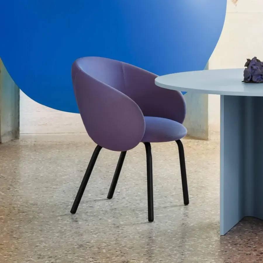 Exceptional Miniforms Nebula Tube chair upholstered in muted purple woven textile with matte finish