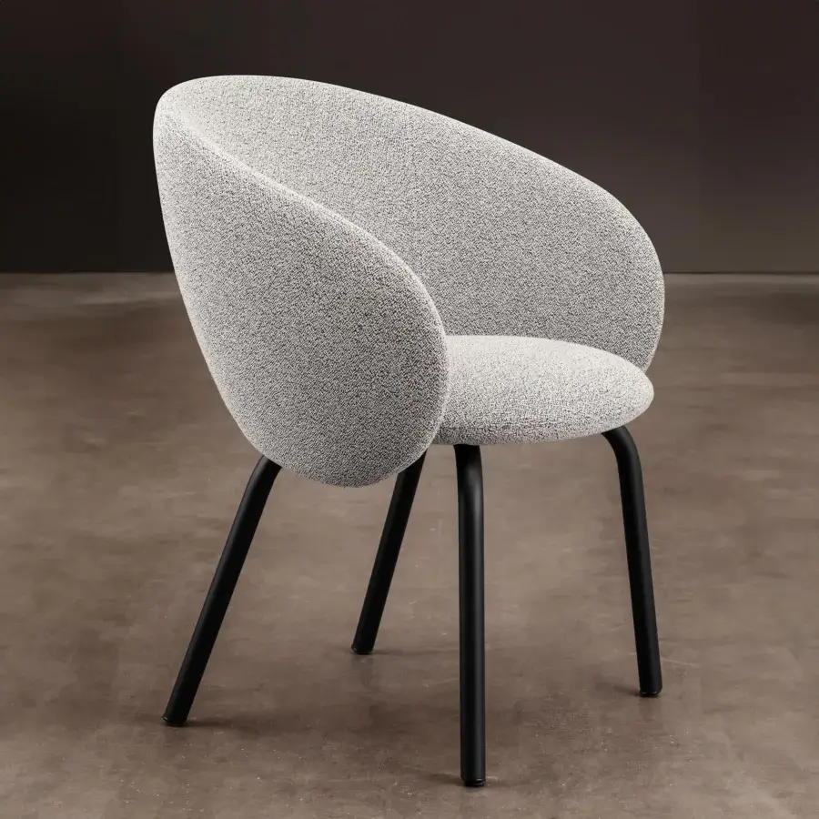 Superior Miniforms Nebula Tube chair upholstered in textured gray textile with dark metal legs and matte finish