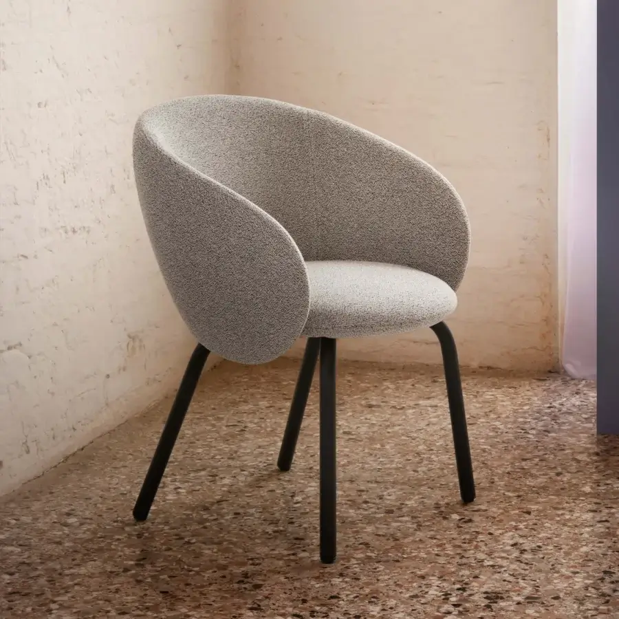 Exclusive Miniforms Nebula Tube chair upholstered in textured gray textile with matte black metal legs