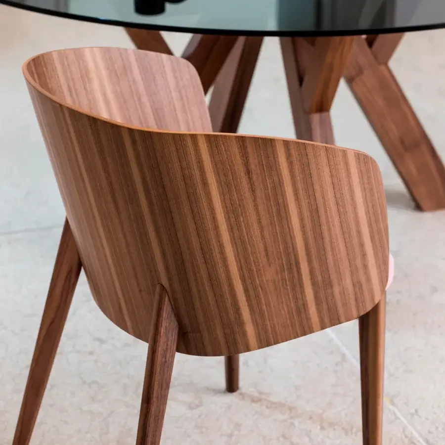 Superior Bross Shell armchair with warm brown wood legs, back and armrests in premium fabric or leather finish
