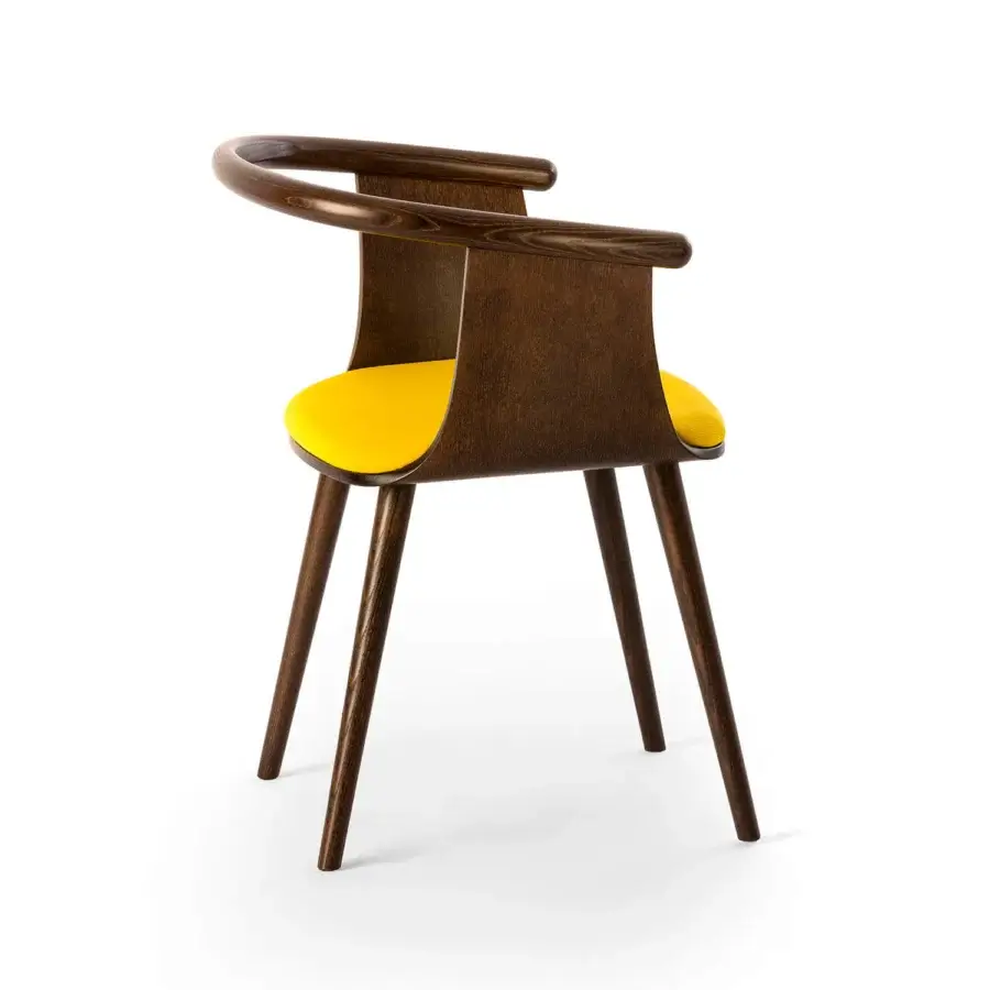 Exclusive Bross Yuumi armchair upholstered in vibrant yellow fabric with a dark brown ashwood frame