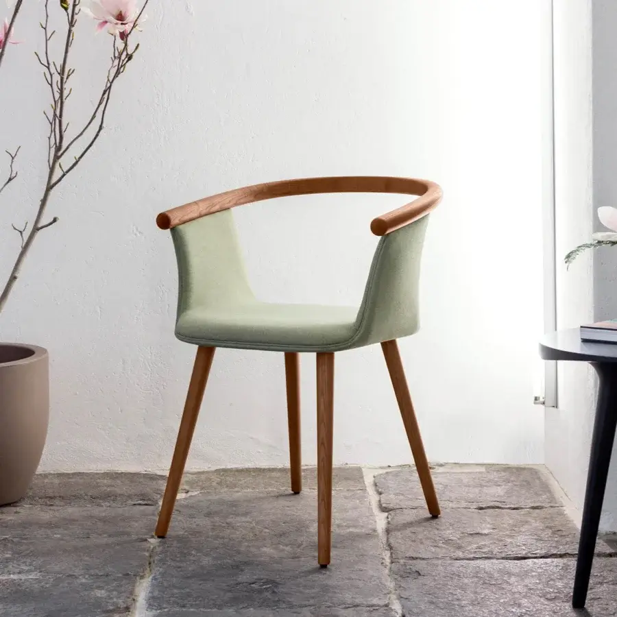 Exceptional Bross Yuumi armchair crafted with ashwood and light green premium fabric exhibiting a matte finish