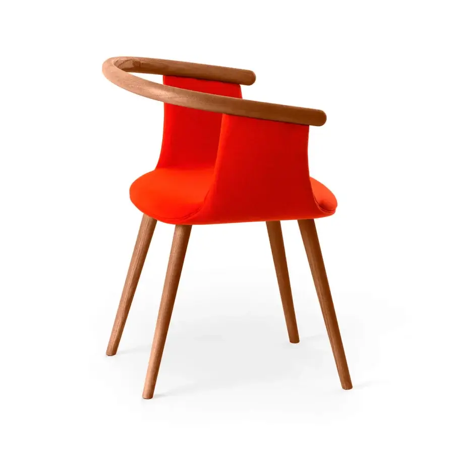 Elegant Bross Yuumi armchair with vibrant orange premium fabric and light brown finished ashwood legs