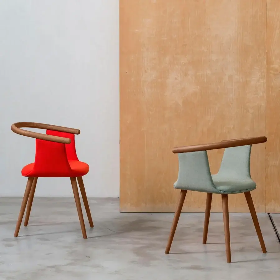 Superior Bross Yuumi armchair with vibrant red fabric and ashwood frame showcasing a smooth finish