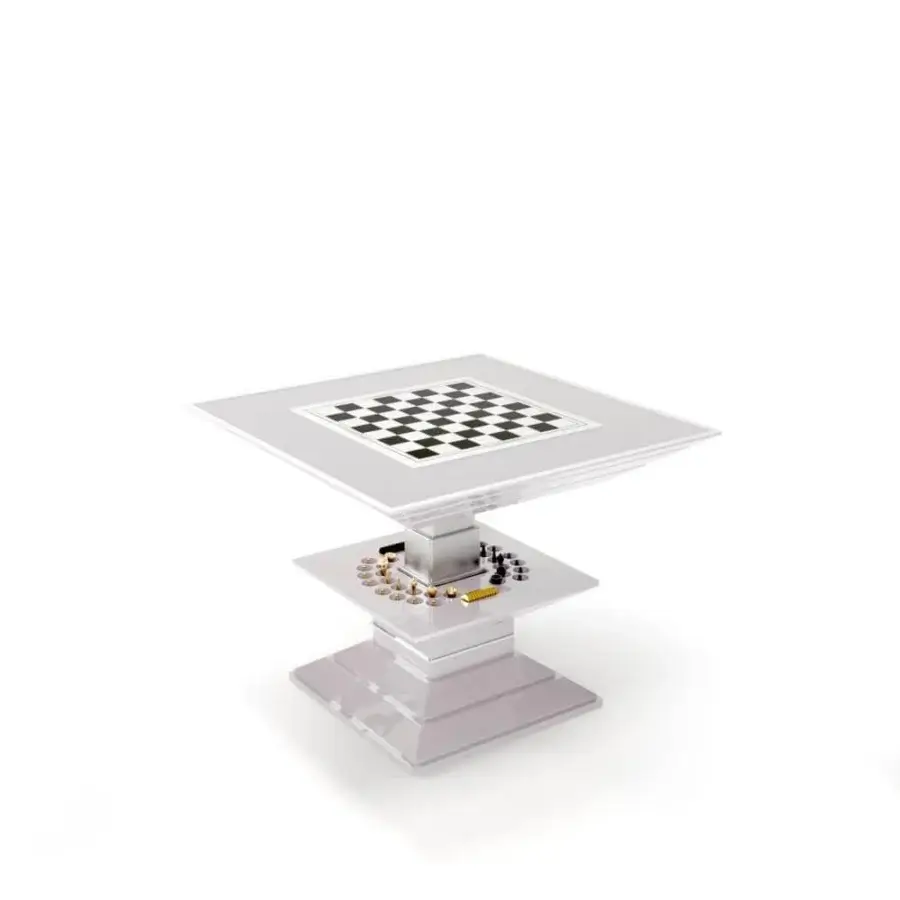 Innovative Vismara Scaccomatto table with glossy lacquered tempered glass, mother of pearl and ebony inlays, plus anodized aluminum pieces