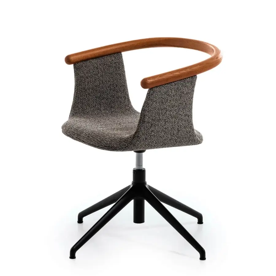 Elegant Bross Yuumi swivel armchair with ashwood armrests and backrest paired with black metal, upholstered in salt-and-pepper fabric