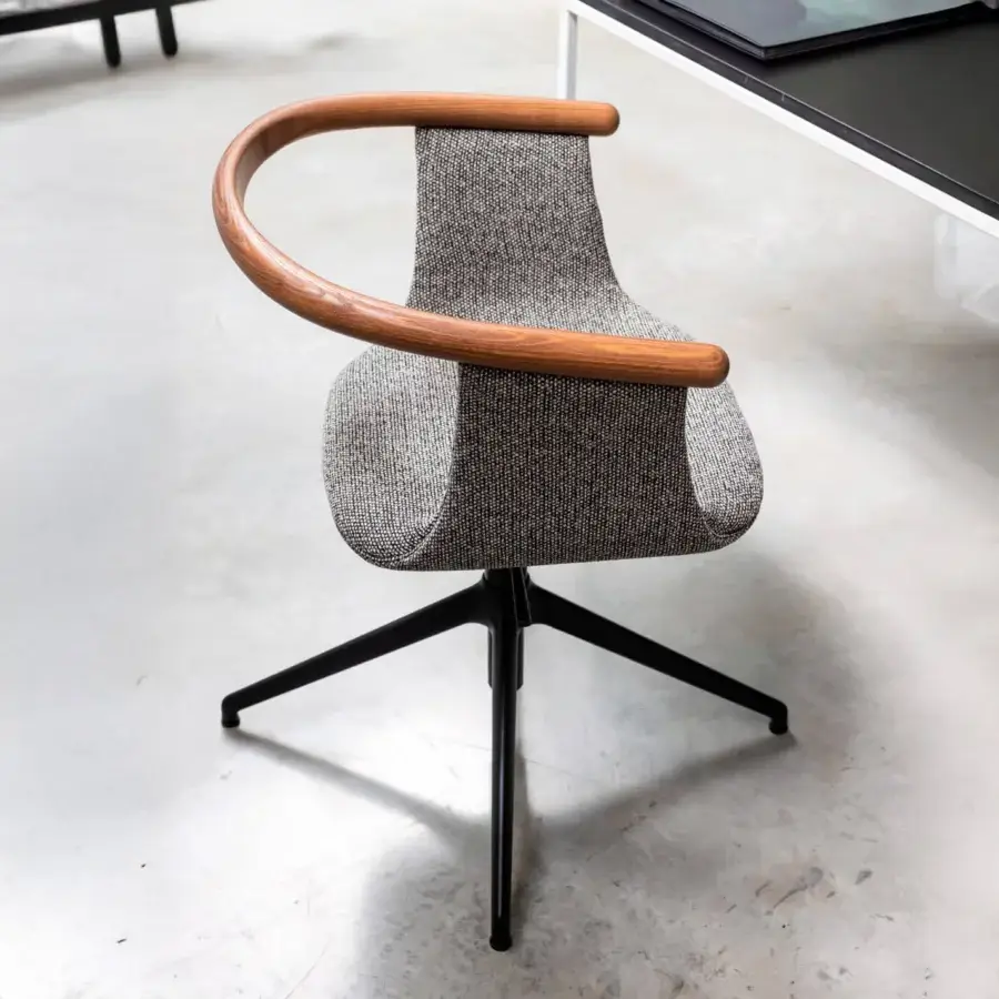 Distinguished Bross Yuumi swivel armchair with ashwood and a black metal four-star base upholstered in textured gray premium fabric