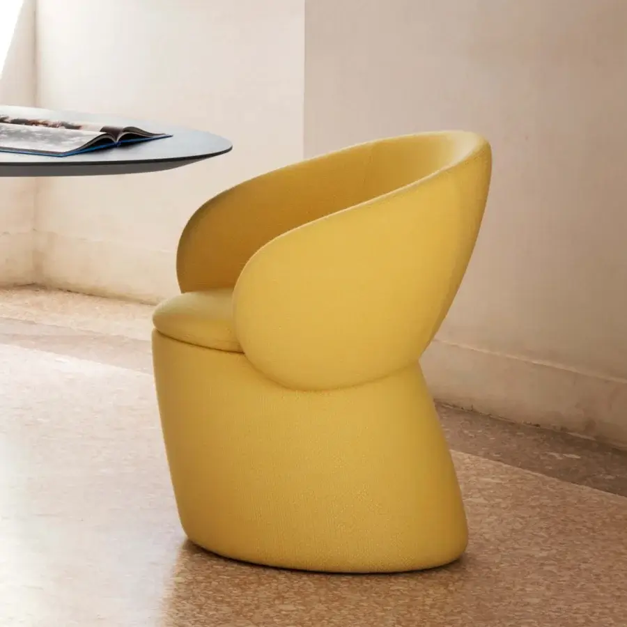 Sophisticated Miniforms Nebula Monaca chair with enveloping design crafted in recyclable polyurethane and vibrant yellow woven textile