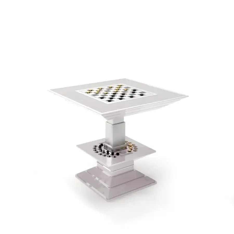 Superior Vismara Scaccomatto table with glossy lacquered structure, tempered glass and inlaid ebony, maple wood with mother-of-pearl details