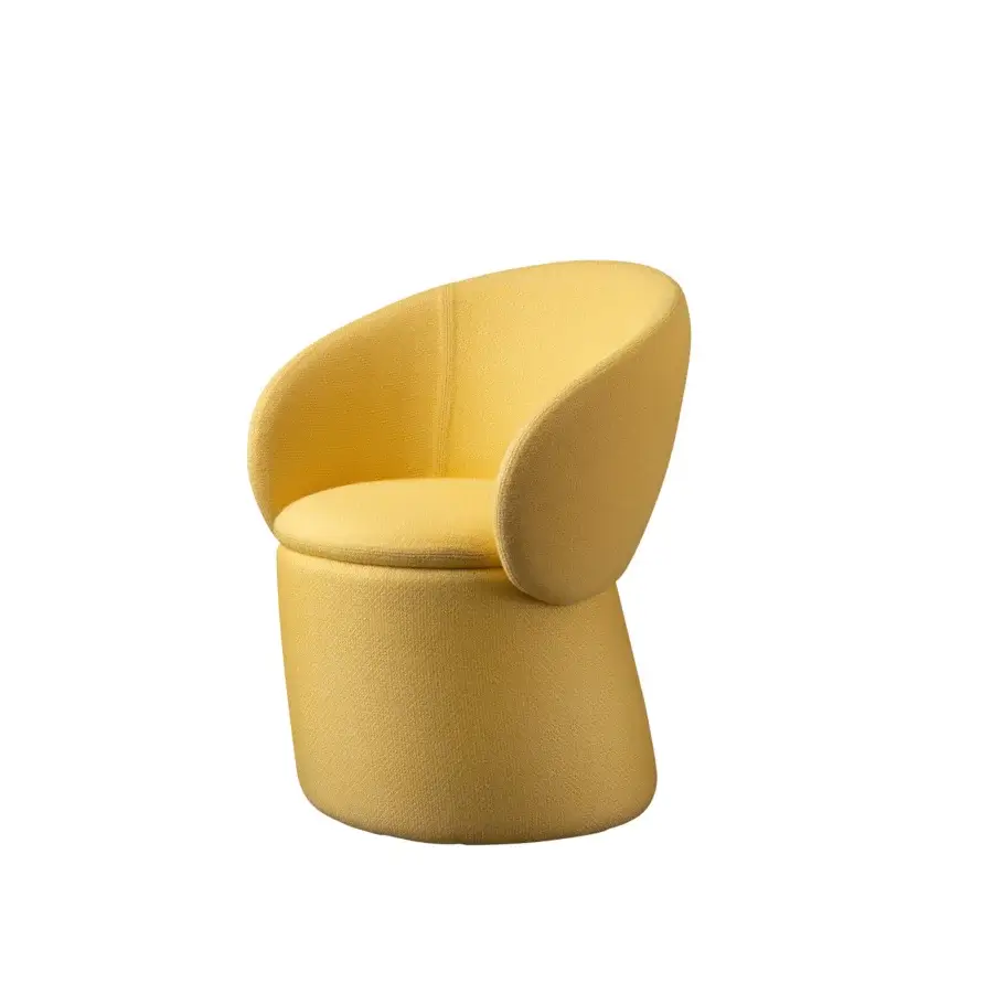 Distinguished Miniforms Nebula Monaca chair with enveloping aesthetic upholstered in textured matte yellow recyclable polyurethane shell