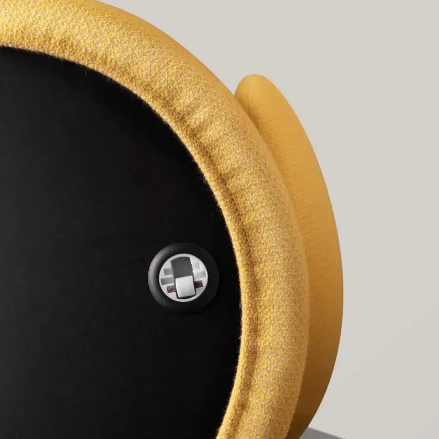 Exceptional Miniforms Nebula Monaca chair with enveloping design, sleek lines in vibrant yellow textured textile and black inner back panel