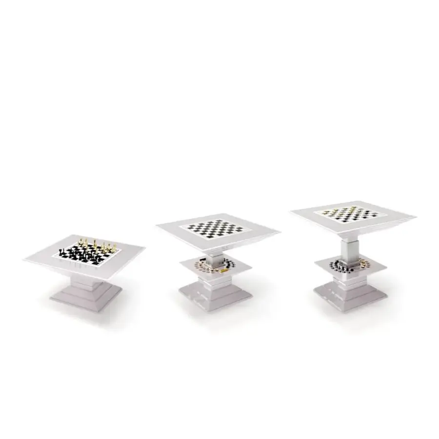 Distinguished Vismara Scaccomatto table with inlaid Ebony, Erable wood and mother-of-pearl in lacquered tempered glass and glossy white structure