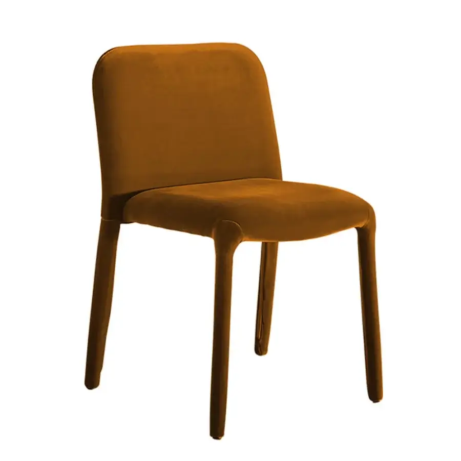 Exclusive Miniforms Pelè chair completely padded in uniform golden-brown textile with cylindrical legs showcasing a smooth silhouette
