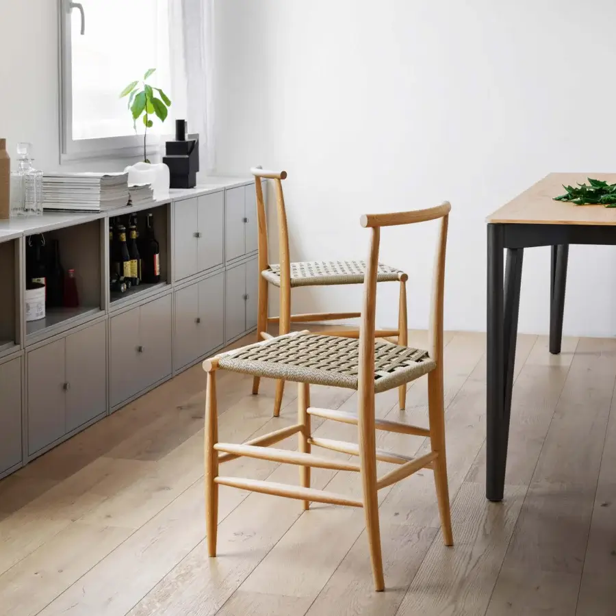 Distinguished Miniforms Pelleossa chair crafted in light-toned wood with a checkered natural fiber woven seat and smooth finish