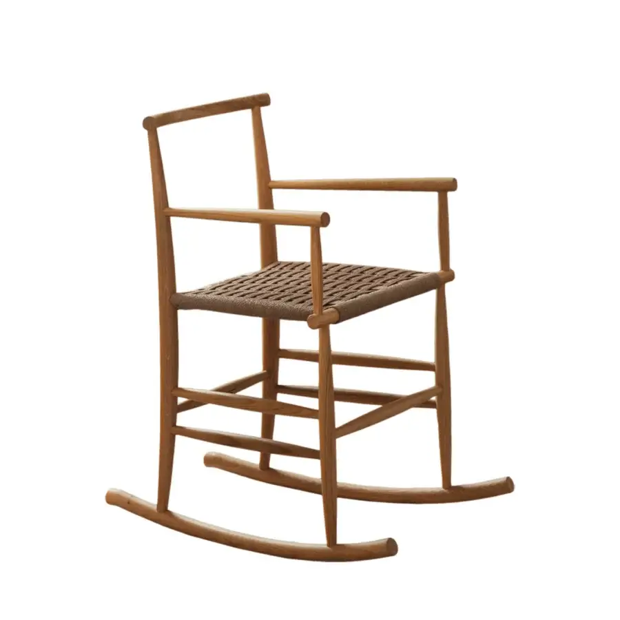 Elegant Miniforms Pelleossa rocking chair with woven seat and curved light brown solid wood base