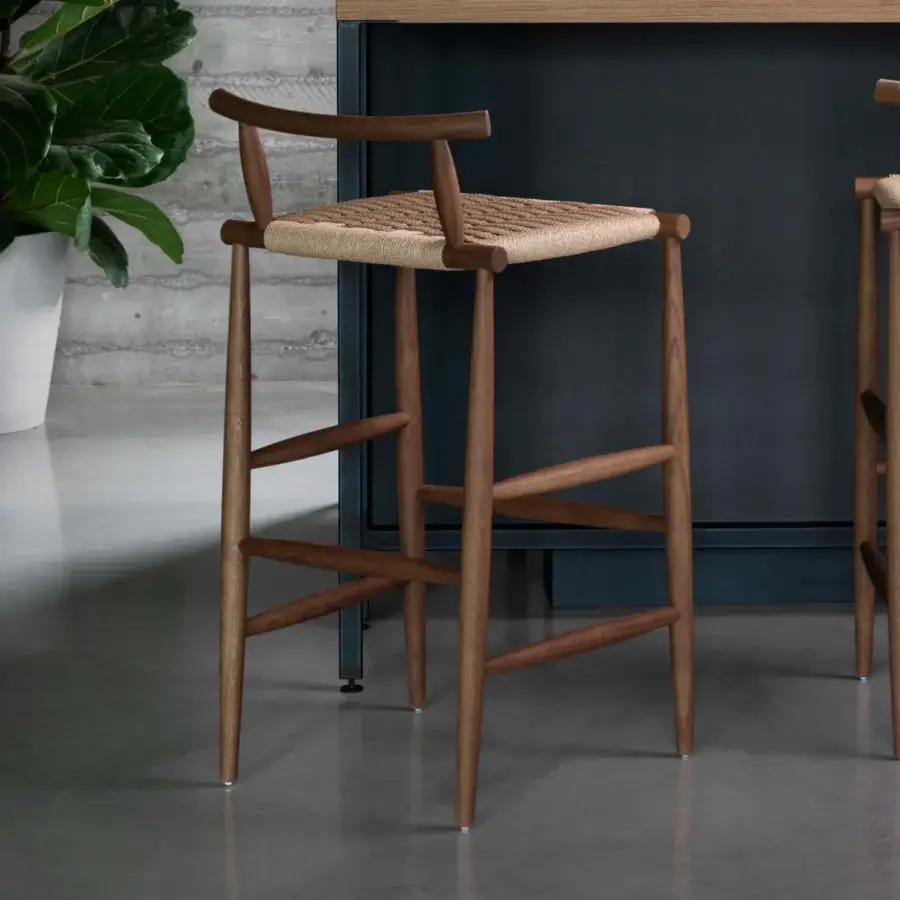 Elegant Miniforms Pelleossa stool in medium brown wood with lighter woven rope seat and curved backrest crafted with a matte finish