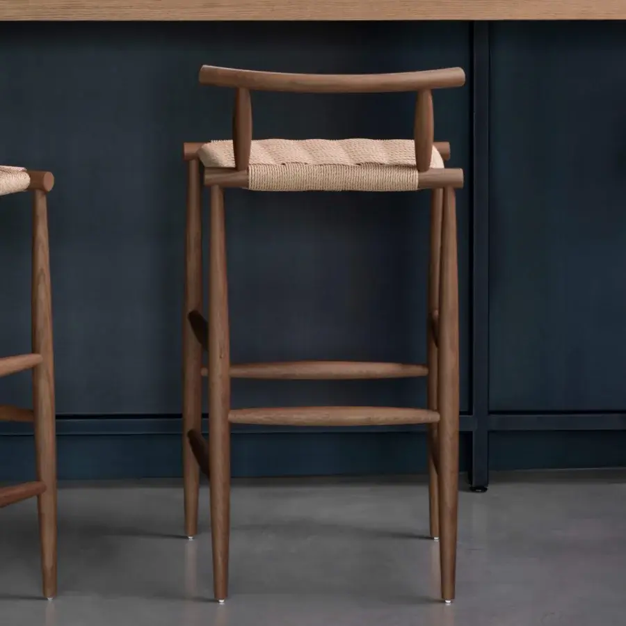 Distinguished Miniforms Pelleossa stool crafted in medium brown wood with a woven seat and curved backrest