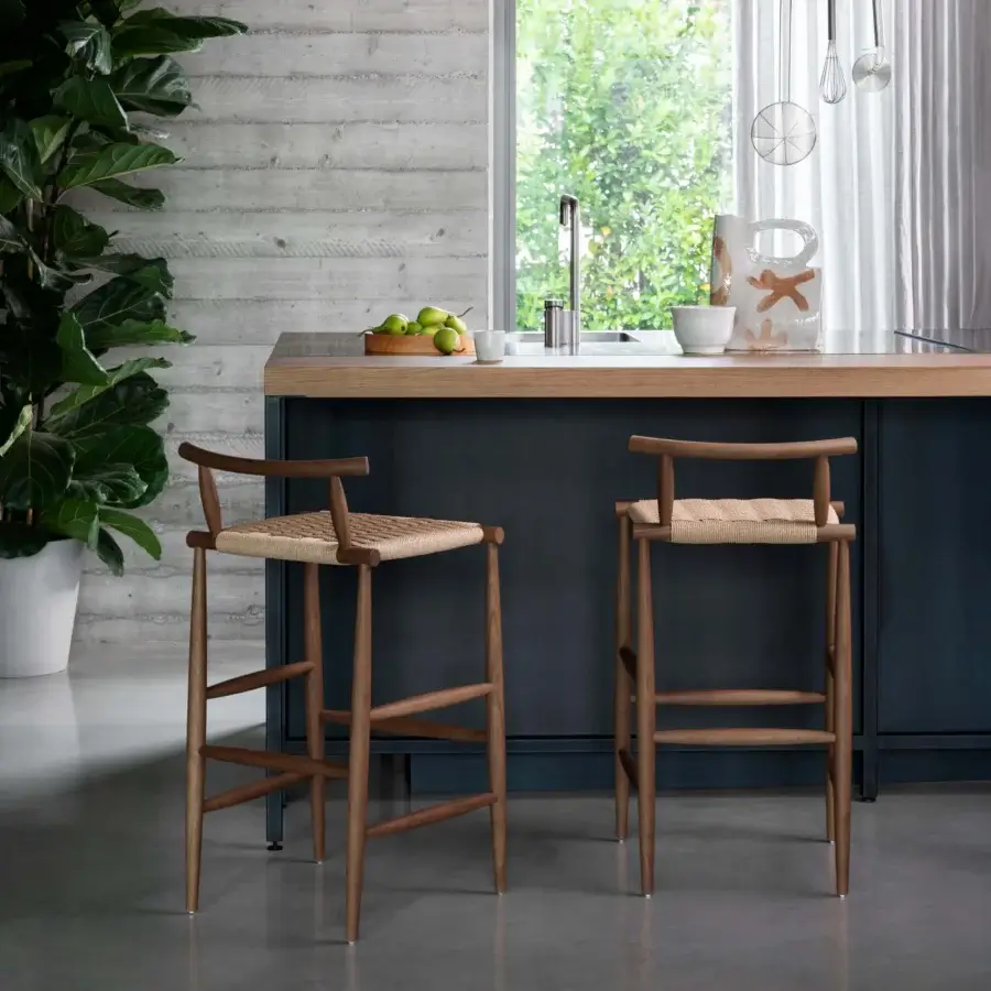 Superior Miniforms Pelleossa stool crafted in medium brown wood with a light beige woven seat