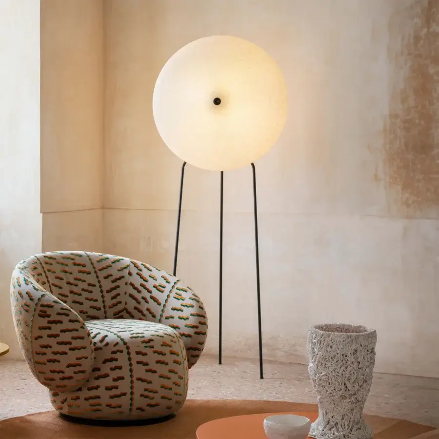Distinctive Miniforms Rificolona floor lamp with a spherical shade crafted in recycled polyethylene and matte finish