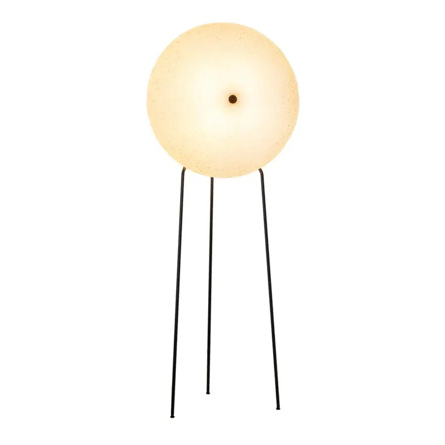 Superior Miniforms Rificolona floor lamp with an off-white shade crafted from recycled polyethylene and a matte dark metal tripod base