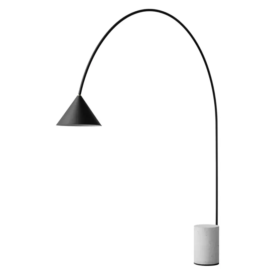 Captivating Miniforms Ozz floor lamp with a curved metal support and conical lampshade in matte black with a light gray matte concrete base