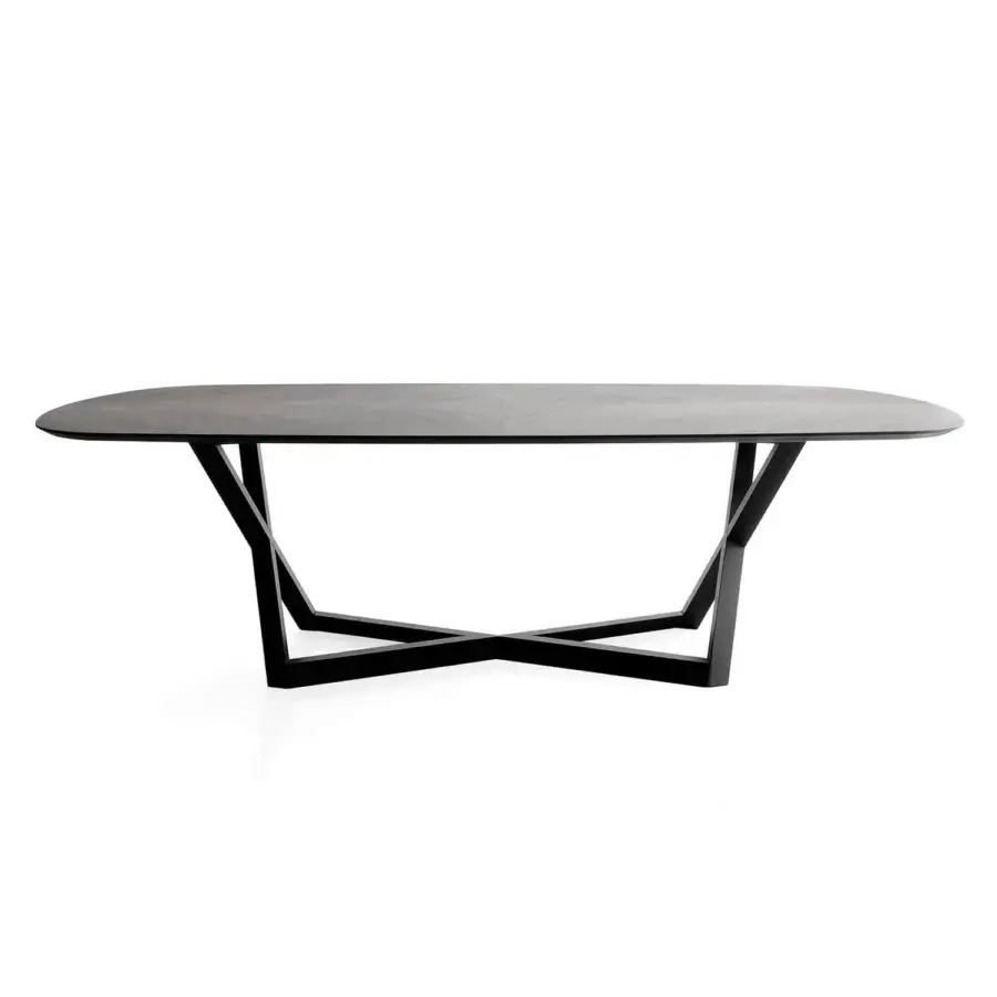 Superior Bross Bridget table with a solid oak frame, oval matte grey top and geometric black base crafted in Italy
