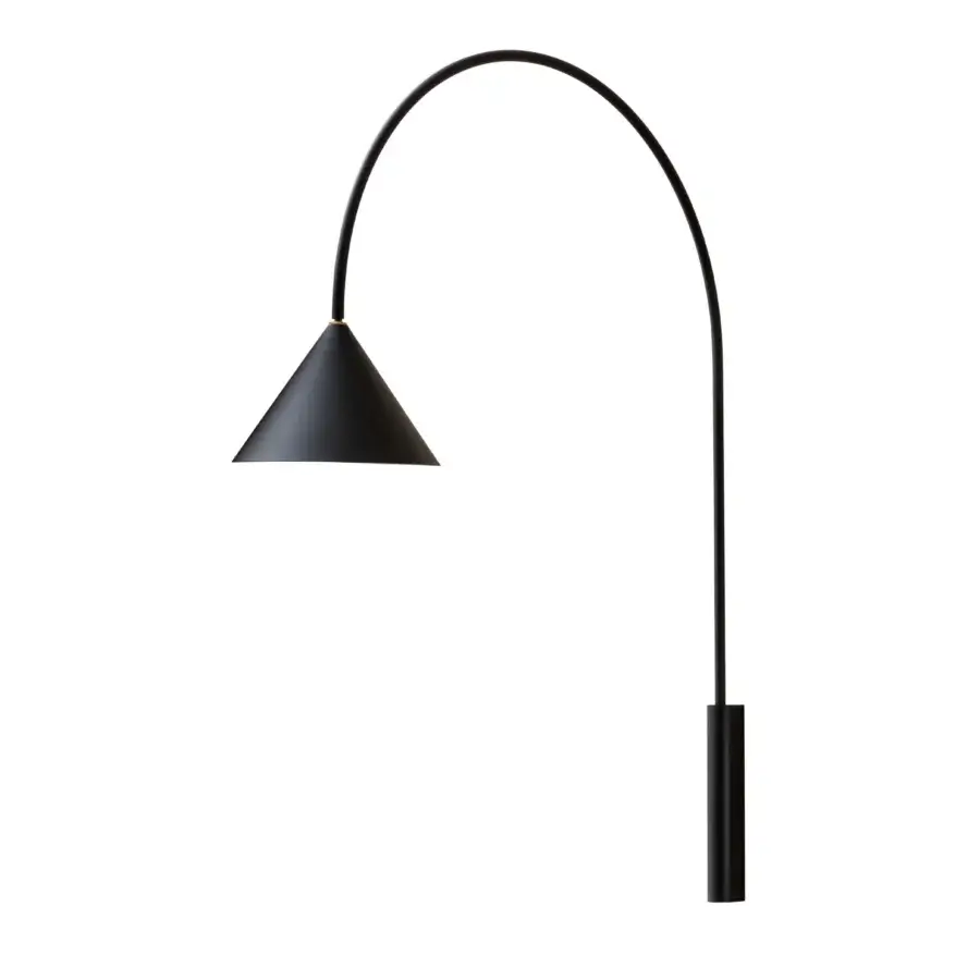 Elegant Miniforms Ozz wall lamp with a curved arm and cylindrical base in matte black with gold accents