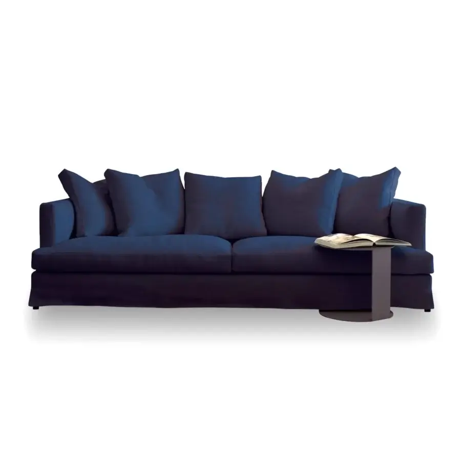 Lavish Verzelloni Hampton sofa with deep blue textile upholstery, plush cushions and burnished cast aluminum feet