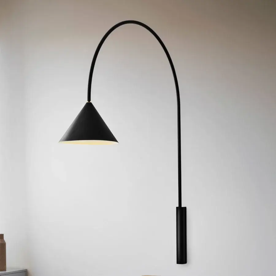 Distinguished Miniforms Ozz wall lamp with a conical shade built in black and a matte curved metal arm