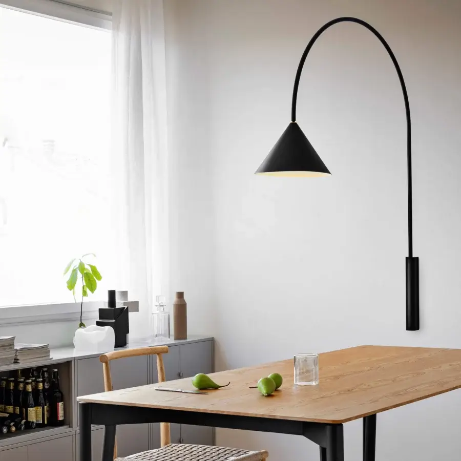 Exceptional Miniforms Ozz wall lamp with a curved arm and conical lampshade built in black metal with a matte finish