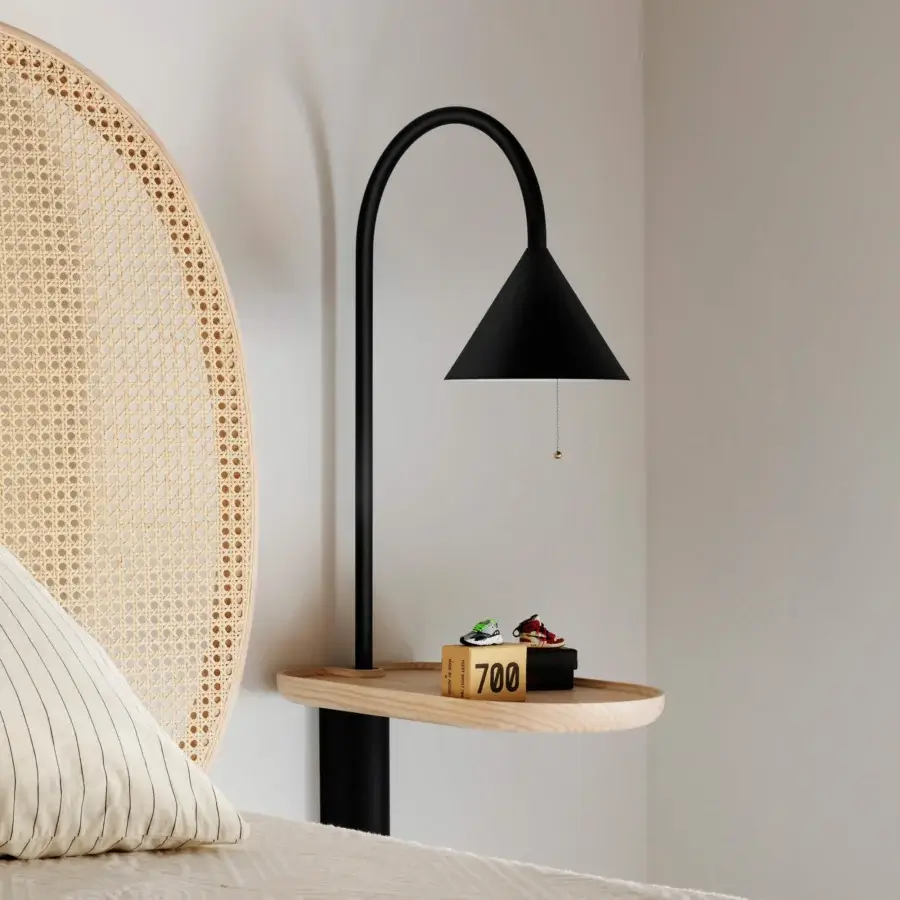Superior Miniforms Ozz wall lamp crafted in black metal with a light-toned wooden shelf and conical shade