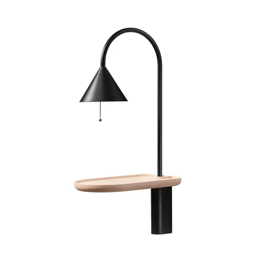 Exceptional Miniforms Ozz wall lamp in matte black metal with a light-toned wooden shelf crafted in Italy