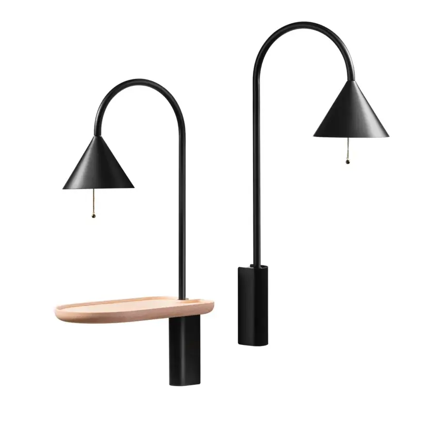 Elegant Miniforms Ozz wall lamp in curved black metal with a matte finish and light-toned wooden shelf