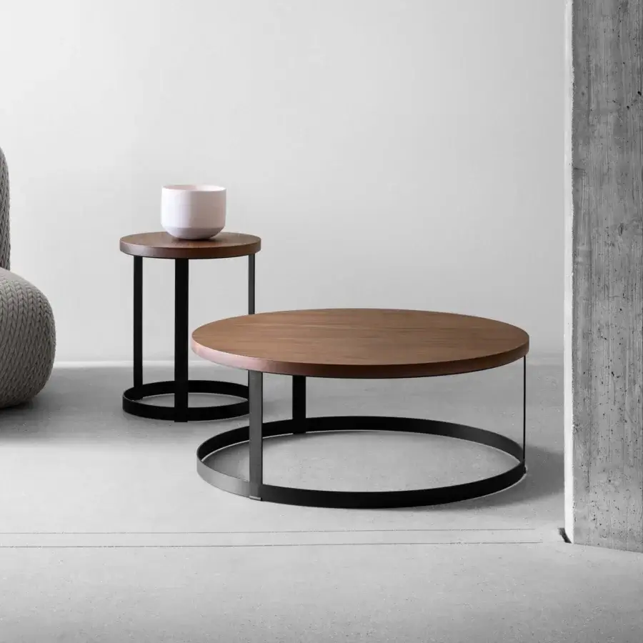 Superior Miniforms Zero coffee table with brown wood essence top and sleek black lacquered steel base