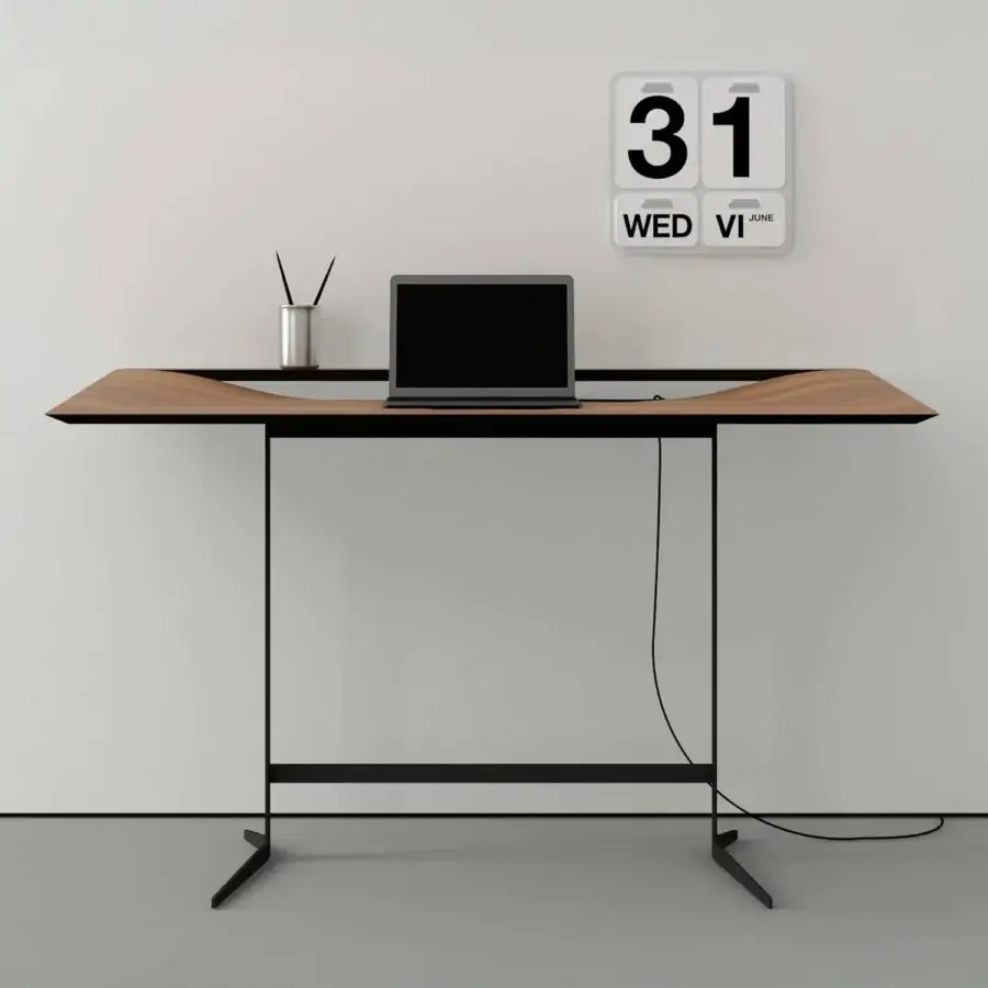 Superior Bross Cut desk crafted in light wood with a black lacquered metal frame and unique curved indentation