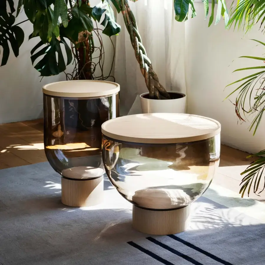 Exceptional Miniforms Mastea coffee table with rounded smoked glass body and light-toned wooden top and base crafted in Italy