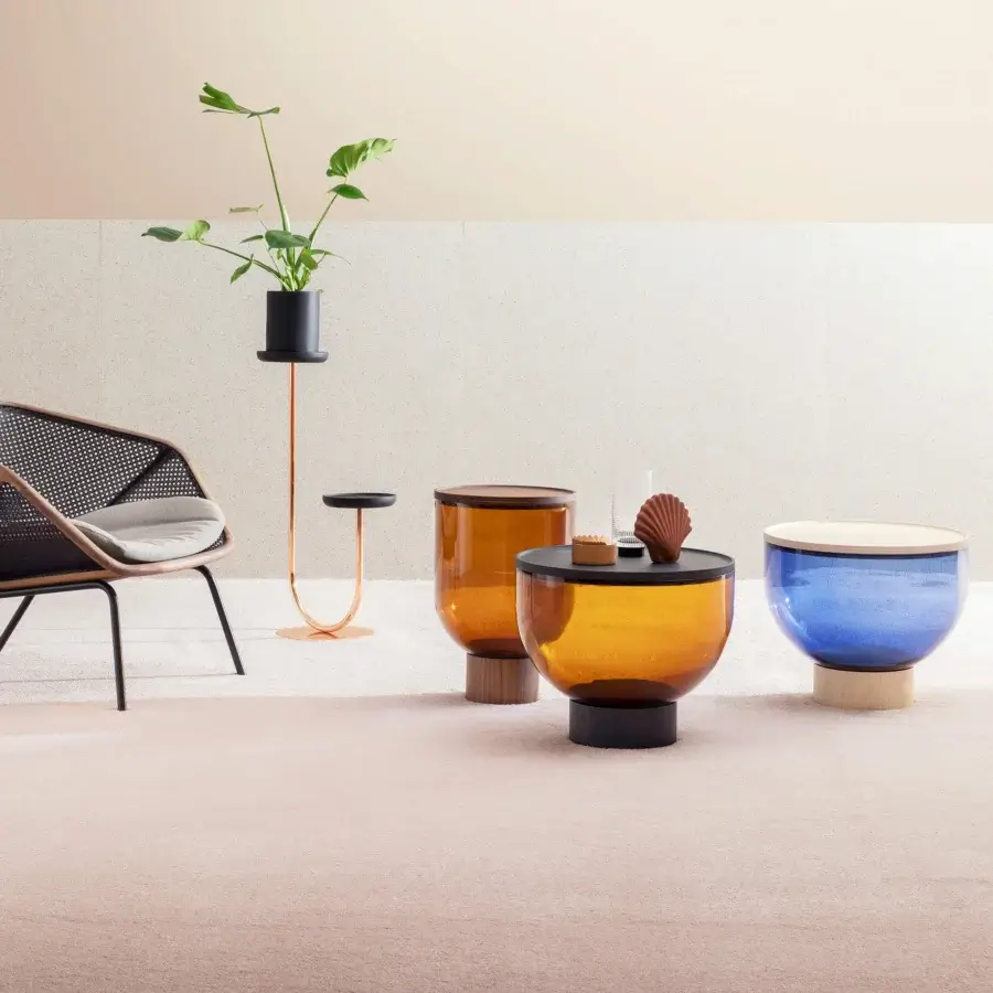 Superior Miniforms Mastea coffee table with semi-spherical amber glass form and dark cylindrical base in glossy finish