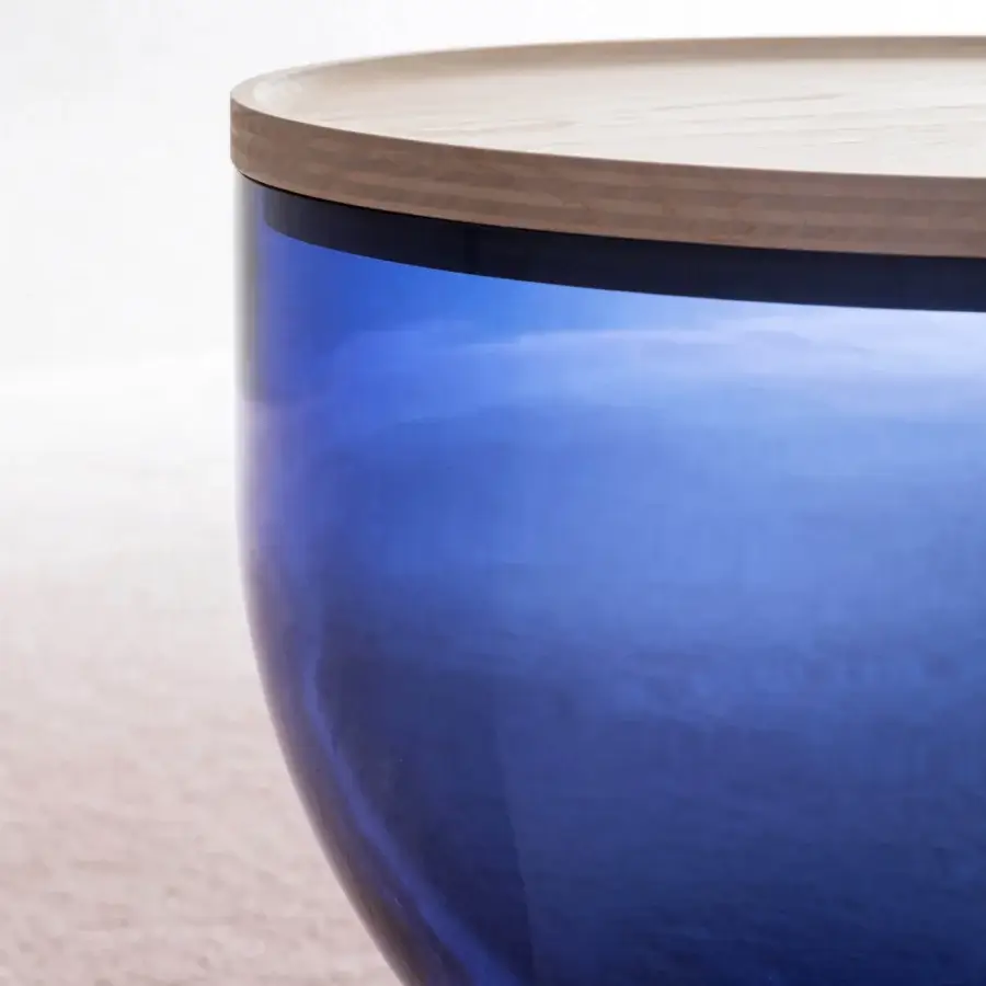 Distinguished Miniforms Mastea coffee table with deep blue Murano glass bowl base and light-toned wooden top crafted with a layered edge
