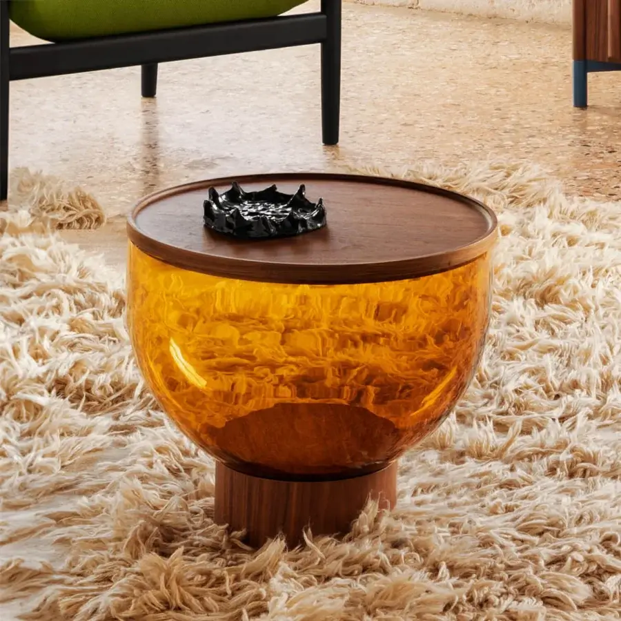 Exceptional Miniforms Mastea coffee table with amber Murano glass body and smooth wooden top and base crafted in Italy